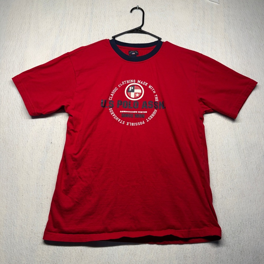 US Polo Assn Mens Red Graphic T-Shirt Large Short Sleeve Navy Crew Neck Cotton